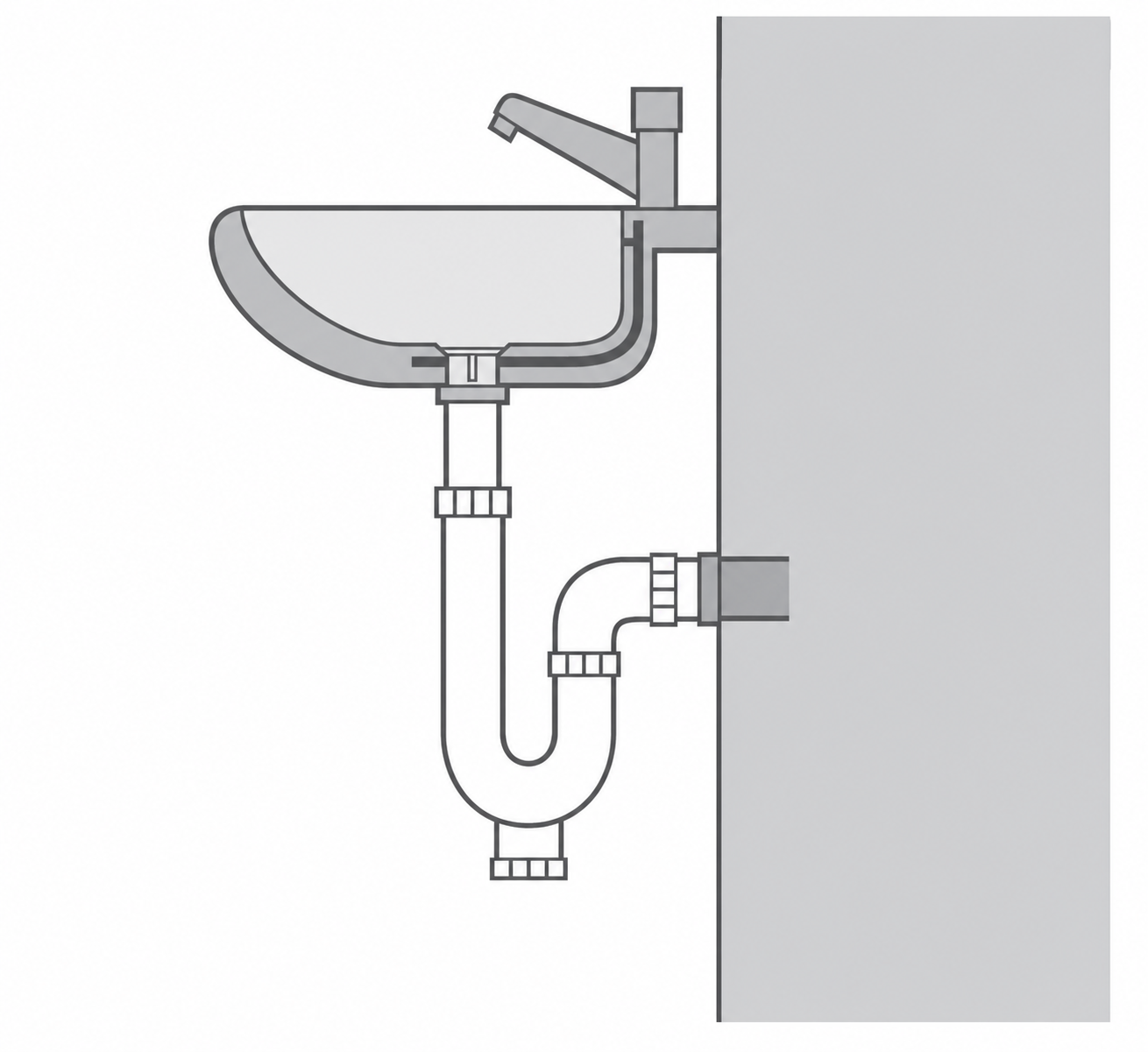 Side-view diagram of an automatic faucet, sink, drain and P-trap connected through a wall