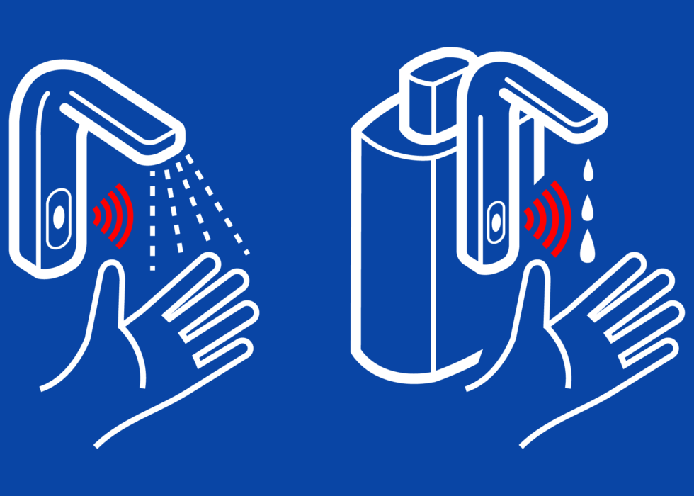Illustrations of two touchless faucets sensing hands against a blue background